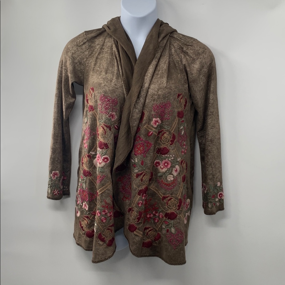 Johnny Was Claudette Metallic Embroidered Floral Cardigan Hooded Sweater Size XS